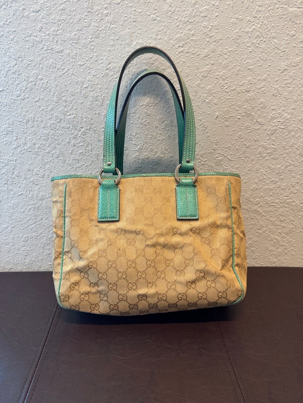 Gucci Beige GG Canvas Tote with Teal Trim